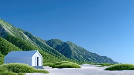 Small Whitewashed Chapel Nestled Amidst Lush Green Mountains Under A Bright Blue Sky With Scattered White Wildflowers On A Snowy Shoreline