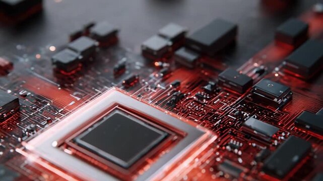 Close-up of a processor die on a red motherboard.