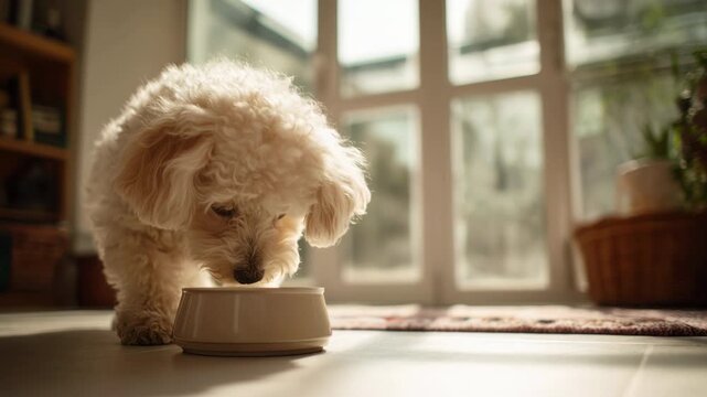 Adorable small white puppy enthusiastically eating kibble from a bowl on the floor. Sunlight streams through a window, illuminating the cute pet during its mealtime in a cozy home interior