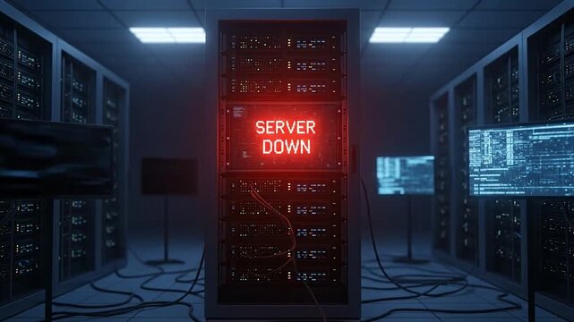 Server down alert glowing red in dark data center, network outage crisis concept.