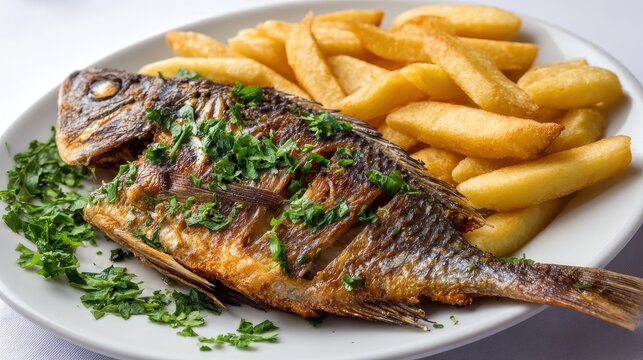 Delicious Fried Mojarra: A Traditional Colombian Dish Served with Fresh French Fries and Cilantro on a Crisp White Background