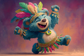 A blue and joyful teddy bear wearing a colorful, feathered carnival costume is dancing excitedly against a textured background