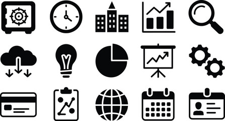 Business and Finance Icons with Safe, Clock, Buildings, Graph, Magnifying Glass, Cloud