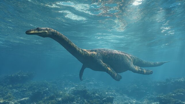 Elasmosaurus Gliding Through Shallow Seas: A 3D Rendering of a Long-Necked Prehistoric Reptile in an Aquatic Landscape