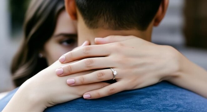 Romantic couple embracing tenderly with sparkling engagement ring showcasing commitment and love during wedding proposal moment