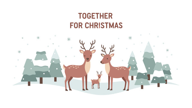 Christmas Family Reunion: A heartwarming illustration captures a deer family amidst a snow-covered winter landscape, the spirit of togetherness shines.