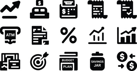 Collection of business and finance icons in black silhouette style