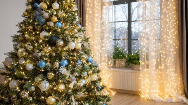 A beautifully decorated Christmas tree stands tall, adorned with colorful ornaments and glowing lights