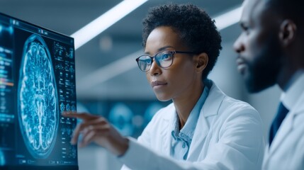 In a state-of-the-art medical setting, a female surgeon closely examines brain imaging, focused on understanding the scans while a colleague observes. Their teamwork reflects dedication and expertise