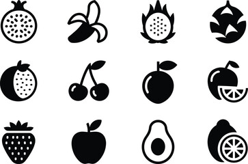 Collection of Fresh Fruit Icons Including Pomegranate, Banana, Dragon Fruit and Apple