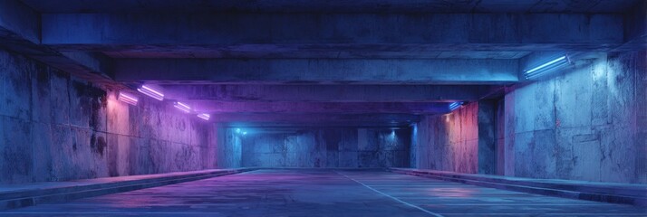 Futuristic Underground Concrete Archway: A Grunge Cyberpunk Setting with Vibrant Purple and Blue Neon Lights