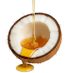 Coconut half with honey pouring isolated on transparent background, tropical flavor