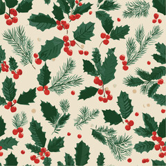 Seamless vector pattern of holly leaves, red berries, and pine branches, Christmas illustration © mabolo