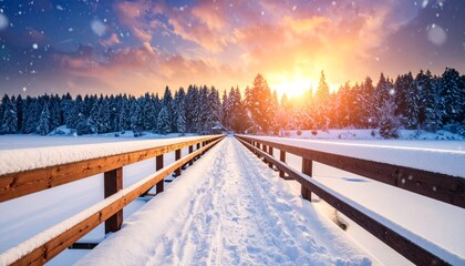 A frozen city park landscape featuring a snow-covered bridge, icy trees, and a cold blue winter sky