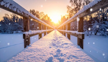A frozen city park landscape featuring a snow-covered bridge, icy trees, and a cold blue winter sky