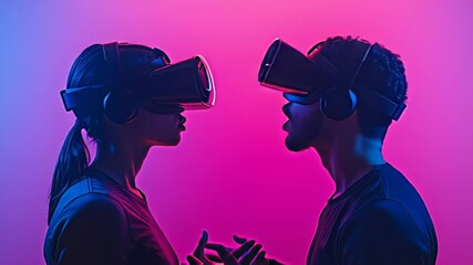 Immersive virtual reality experience with people wearing vr headsets on pink and blue background - Powered by Adobe