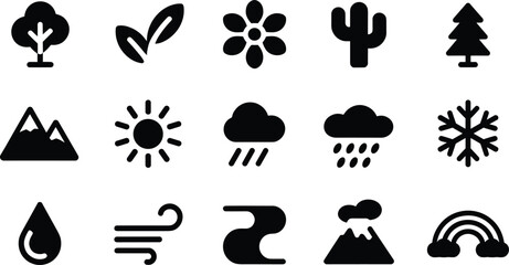 Collection of nature and weather icons in black silhouette style 
