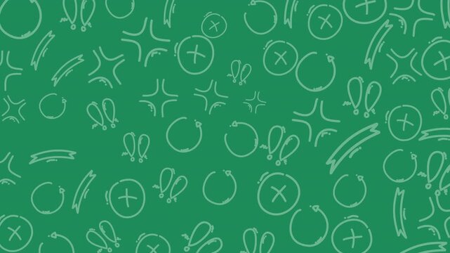 Abstract seamless looping animation with playful doodle shapes and expressive marks on a green background. Great for creative design, motion graphics, and digital art themes.