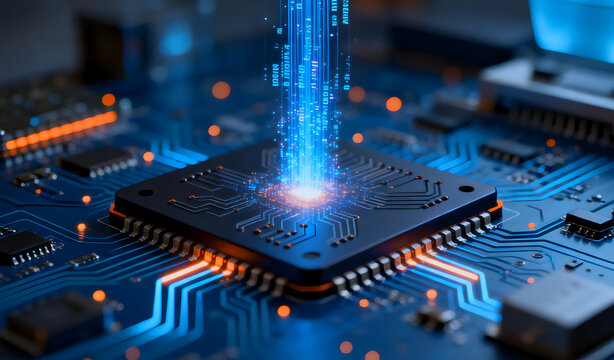 Close-Up of a Microchip on a Circuit Board with Dramatic Data Processing Visuals