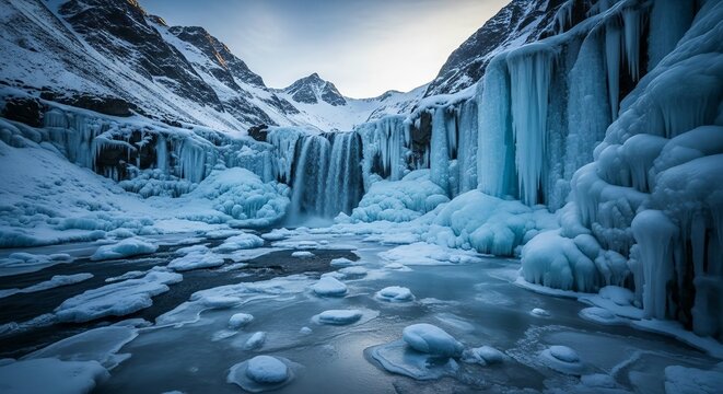 Dramatic Frozen Waterfall and Glacial River in a Snow-Covered Mountain Canyon in Winter