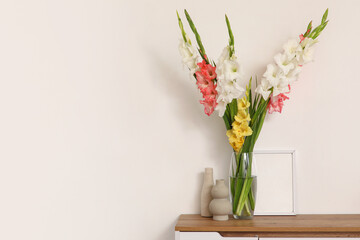 Vase with beautiful gladiolus flowers on chest of drawers near white wall in living room, closeup