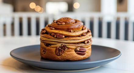 Gourmet Layered Cinnamon Roll Pastry Topped with Glazed Pecans, Served on a Dark Plate in a Bright, Modern Cafe or Restaurant Setting