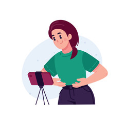 The girl makes video calls through applications, instant messenger communication. The concept of online communication, mobile applications and digital communication. An illustration for a website and 