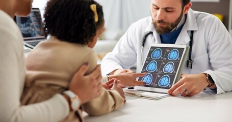 Doctor, tablet screen and brain scan with child, talk and parent with review, mri and explain at clinic. Man, neurologist and tech on application, ui or consulting with girl for wellness at hospital