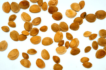 Unpeeled apricot kernels in shell on white