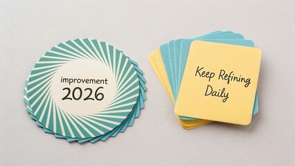 Colorful cards and circular cutouts on a table showcasing improvement themes and motivational phrases for 2026 development