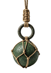 Ancient moss green stone sphere, rough, suspended by braided hemp cord & corroded bronze ring, isolated on white, sharp lighting, profound ancient wisdom concept.