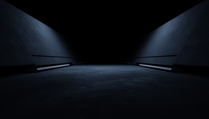 Fototapeta premium 3d rendering of white neon glowing spaceship corridor hallway dark background. Scene for advertising, showroom, technology, future, modern, E sport, game, garage. Sci Fi Illustration. Product display