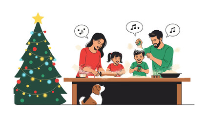 Holiday Family Baking Time: A family moment as parents and their children engaging in cheerful activity of baking together, a heartwarming portrayal of Christmas spirit.