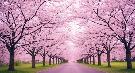 Fototapeta premium Beautiful Cherry Blossom Tree Tunnel Along an Empty Road in Spring