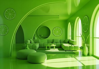 Modern living room with green walls and furniture