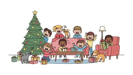 Festive Joy: Children gather around a Christmas tree, radiating happiness, surrounded by wrapped gifts, cats, and a dog, embodying the spirit of celebration and excitement.