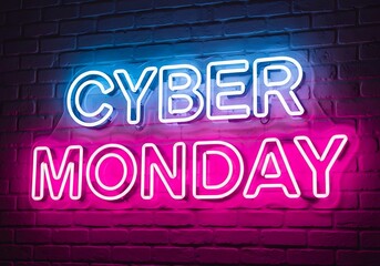 Obraz premium Cyber monday neon sign on brick wall