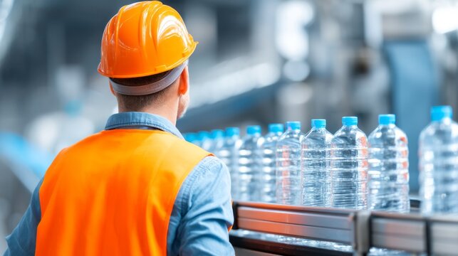 A factory worker wearing an orange vest and helmet oversees a conveyor belt filled with water bottles. It's an important day for production in the factory, ensuring quality standards - Powered by Adobe