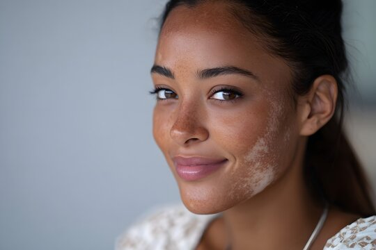 Young woman with vitiligo smiling warmly in a modern setting - Powered by Adobe