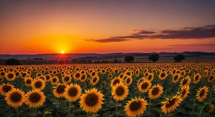 Obraz premium Golden Sunset over Vibrant Sunflower Field in Summer Countryside Landscape