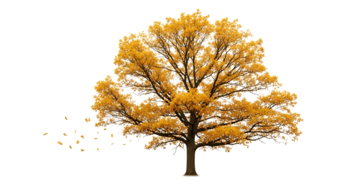 Stunning autumn tree with golden leaves gracefully falling, a symbol of seasonal transition