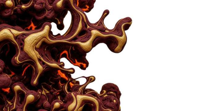 Abstract swirling maroon and deep gold earthen pigments with root-like shapes, textured and blending, against a transparent background, concept of ancient natural forces and primordial liquid dynamics
