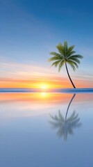 Fototapeta premium Tranquil Beach Scene At Sunset With A Single Palm Tree Silhouette Reflected In Calm Water Under A Clear Blue Sky