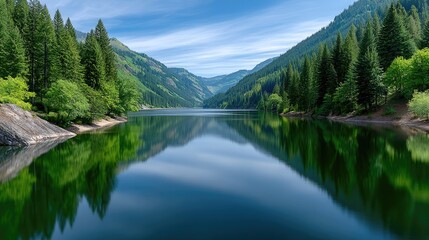 Tranquil forest lake reflecting lush green hills and a clear blue sky with white clouds during daytime a serene natural landscape