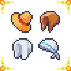 A set of pixel art icons of medieval peasant headdresses for men and women. 16x16 pixels.