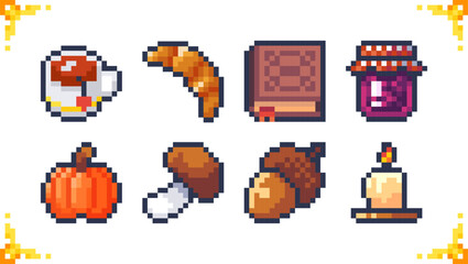 A cozy autumn pixel art set of icons, badges for social media and 2D RPG games. 16x16 pixels.