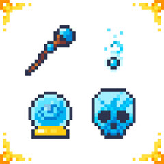 Obraz premium A set of pixel art icons of magic and sorcery. Attributes of a witch, wizard, and sorcerer. 16x16 pixels.