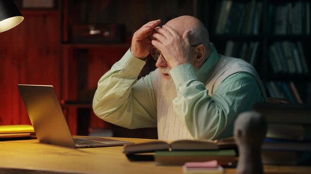 Shocked senior writer receiving grant refusal email on laptop, financial setback