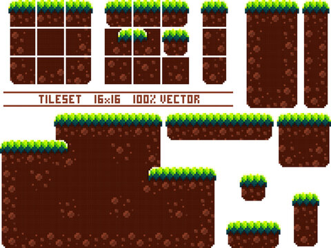 Pixel art tile set for 2d retro game. A set of ground tiles with grass for platformer. Location and landscape constructor. The resolution of the block is 16 x 16 pixels.
