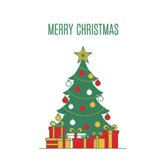 Cute Merry Christmas text with smiling Christmas tree, red and white decorations, golden star on top, simple cartoon outline, easy to trace, white background